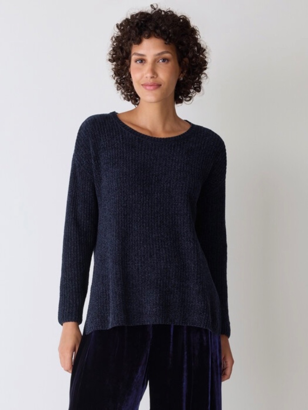 Eileen Fisher Chenille Blend Jewel Neck Top Boxy fit Basic Length size XXL Navy